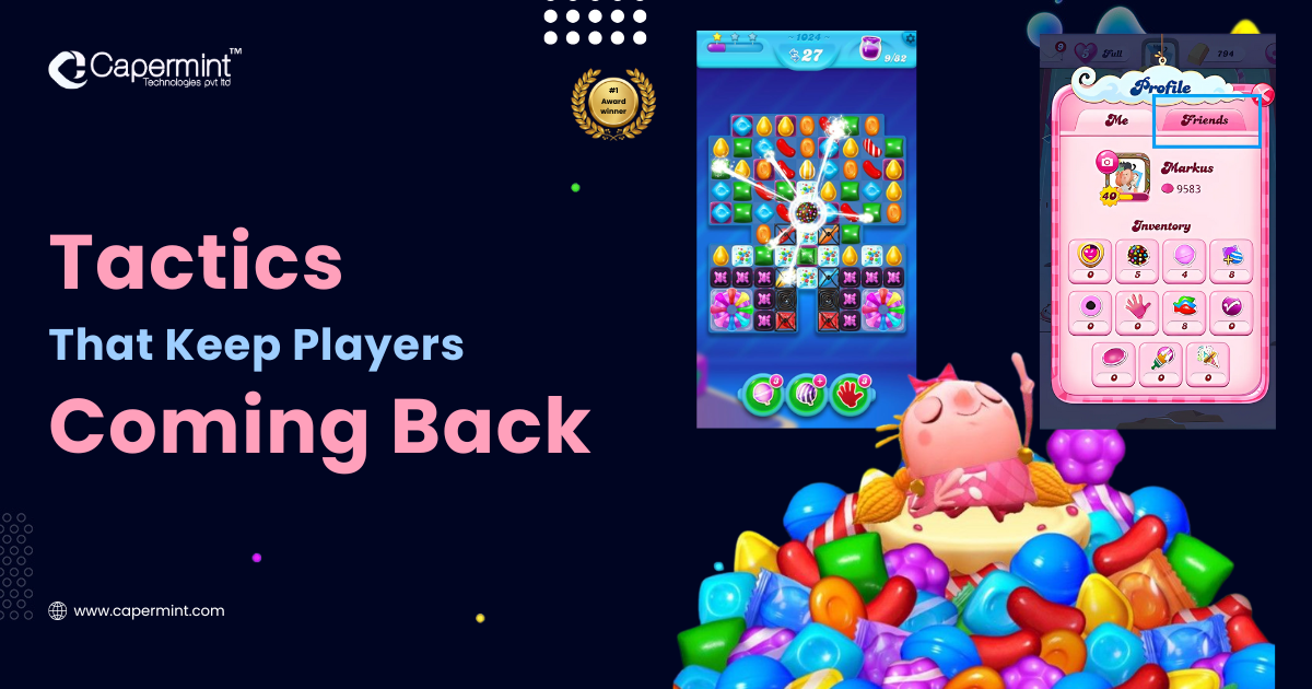 Candy Crush gameplay screen with text ‘Tactics that keep players coming back’, showcasing leaderboards, friend requests, and daily rewards.